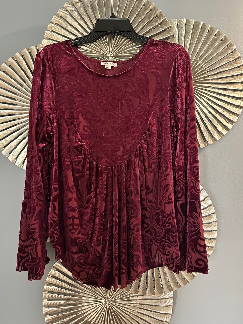 Ultra Pink Velvet Burnout Peasant Top - Wine